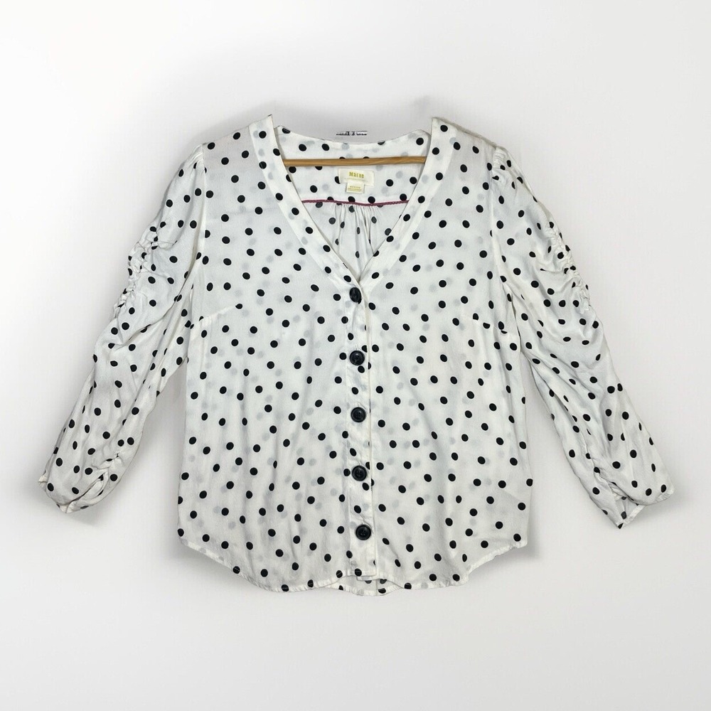 Anthropologie Maeve Jourdain Blouse Polka Dot Ruched Sleeves Medium Semi Sheer